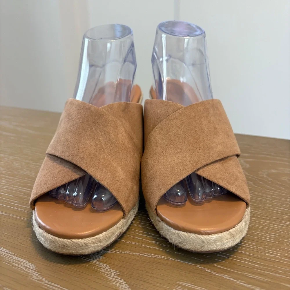 J.Crew Womens Tan Suede Crisscross Espadrille Wedge Sandals‎ Peep Toe Slide 9.5